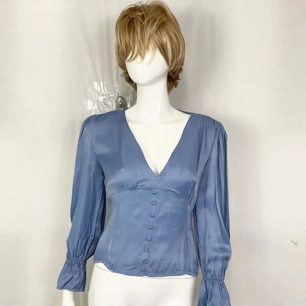 ZARA Purple/ Blue Silky Satin Long Puff Sleeves Button Front Crop Top M - Picture 3 of 10
